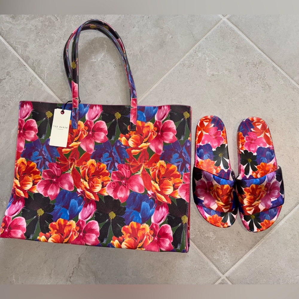 ‼️Ted Baker Colorful Floral Tote Bag & Matching Slides size 9 NWT